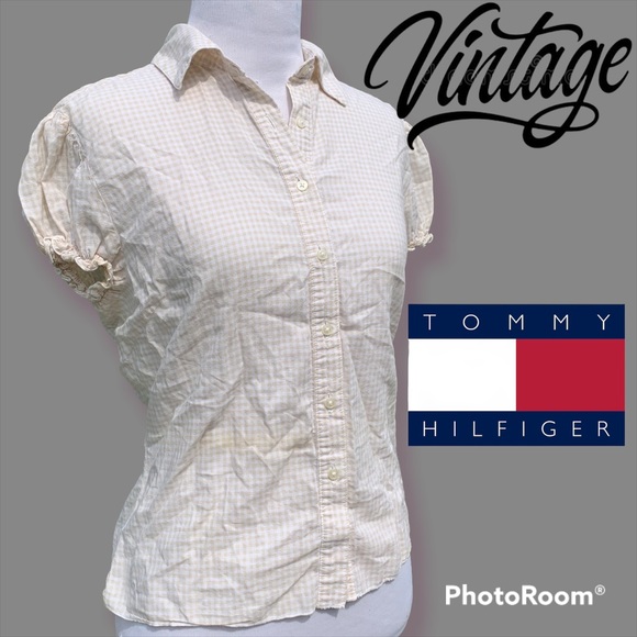 Tommy Hilfiger Tops - Vintage TH Tommy Hilfiger Soft Cotton Cream Gingham Button Puff Sleeve Blouse